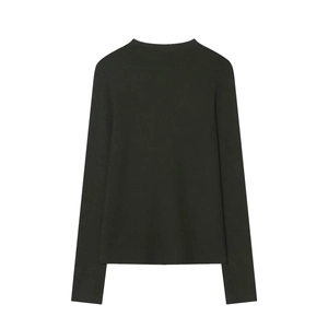 Detailed back view of dark slim fit knit sweater with high neck and seamless ribbed texture