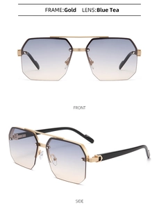 Front and side view of square double-bridge sunglasses with blue-brown gradient lenses