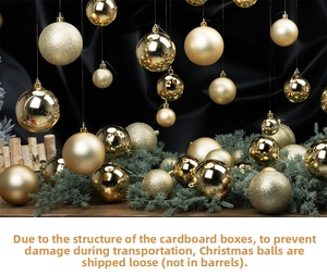 Close-up of golden Christmas ornaments with matte and shiny finishes on pine needles