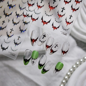 French style dark bat nail stickers with red and metallic cross designs for Halloween