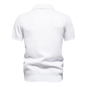 Detailed back view of men's white striped knit polo shirt with premium wavy texture fabric