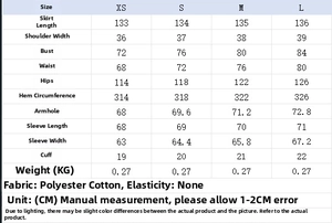 Detailed size chart for the shirt dress including length, bust, waist, and sleeve measurements
