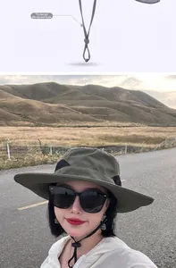 Detalle de sombrero de sol verde militar con cordón ajustable y malla transpirable