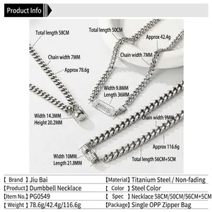 Titanium steel hip-hop necklaces with dumbbell and razor blade pendants in polished steel
