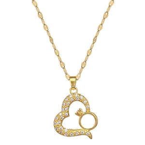 Elegant gold titanium steel necklace with sparkling heart and interlocking ring pendant