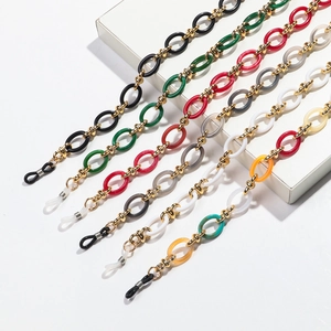 Bohemian acrylic eyeglass chains in multiple colors with gold metal links and silicone loops