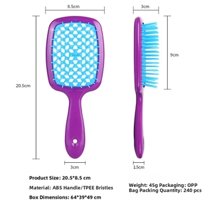 Detailed size chart of purple hollow vented hairbrush with length and width dimensions