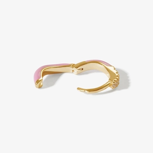 Detail of pink enamel S925 silver earring with gold plating and sparkling crystal inlays