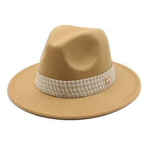 Classic khaki fedora hat with tweed ribbon and gold M metal buckle for women