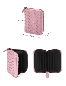 Pink woven leather card holder detail showing internal accordion slots and dimensions