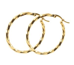 Detail of gold-plated stainless steel hoop earrings with textured spiral rope design