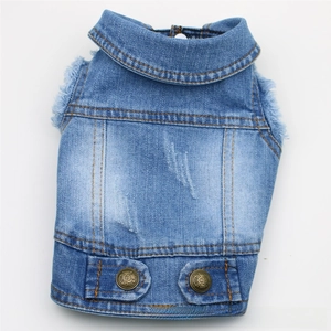 Detailed close-up of retro denim pet vest with vintage brass buttons and contrast stitching