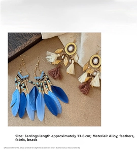 Detailed close-up of Bohemian earrings with blue feathers, tassels and metal beads