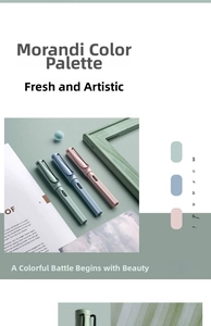 Détails des stylos plume Morandi en menthe, bleu et rose sur fond de papeterie