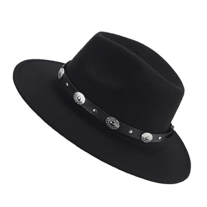 Close-up of black felt fedora hat featuring a leather band with silver metal conchos
