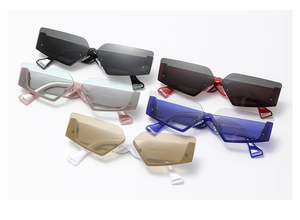 Detailed close-up of retro geometric sunglasses in multiple colors with CE certification