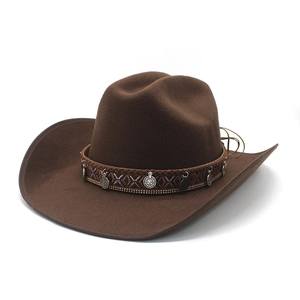 Western Cowboy Fedora Hat Wool Felt Wide Brim Ethnic Woven Band Metal Coin Pendants Retro Outdoor Sun Protection Unisex