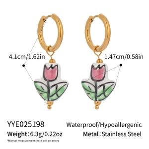 Detail showing dimensions of vintage tulip enamel ceramic earrings in stainless steel