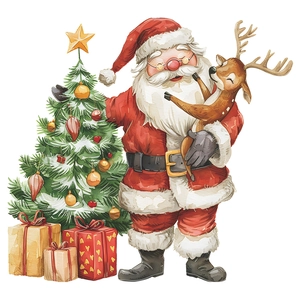 Christmas wall stickers featuring watercolor Santa, reindeer, and tree for home decor
