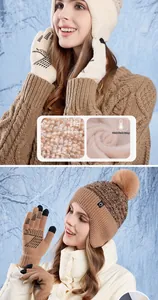 Winter knitted hat and touchscreen gloves set with thick fleece lining and windproof design