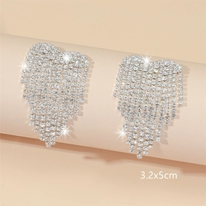 Elegant silver heart rhinestone long tassel earrings for women, 3.2x5cm sizing