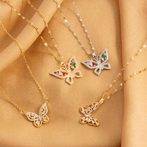 Butterfly Pendant Necklace Copper Stainless Steel Zircon Colorful Rhinestone Hollow Gold Plated Jewelry Gift For Women