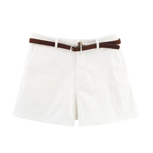 Women's white casual shorts with a slim brown belt, flat lay front view minimalist style