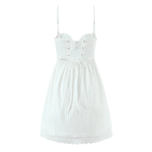 White backless lace mini dress with cross-tie strap design and delicate floral embroidery