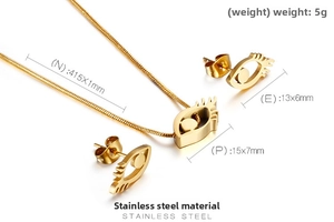 Detail view of gold stainless steel evil eye necklace and stud earrings set with measurements