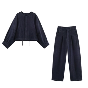 Damen Denim Bomberjacke Und High Waist Weite Hose Casual Streetwear Einfarbig Dunkelblau Baumwollmischung