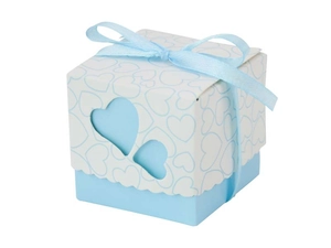 Detailed view of light blue hollow heart candy box with decorative ribbon bow
