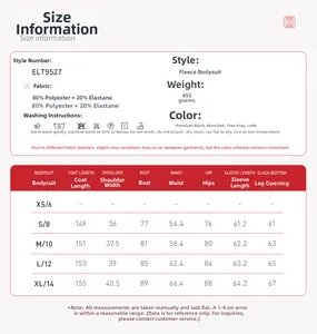 Detailed size chart for fleece yoga jumpsuit with measurements in cm for sizes S to XL