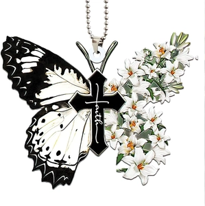 Butterfly Cross Acrylic Hanging Ornament Religious Faith Flower Design For Christmas Tree Or Car Rearview Mirror Decorative