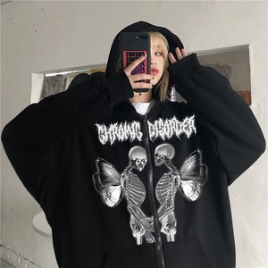 Detail of gothic spiderweb print and Chronic Disorder text on black zip-up hoodie