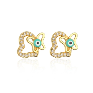 Detail of 18K gold-plated heart-shaped evil eye earrings with zircon accents and enamel