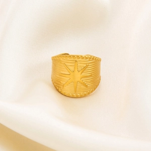 Macro shot of 18K gold plated wide ring with sunburst pattern and beaded edge detail