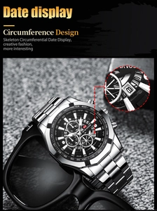 Detail of VAVAVOOM men's watch with tachymeter, date display, and silver steel strap
