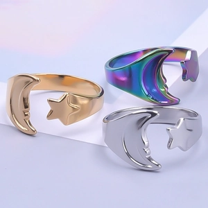Titanium steel open rings featuring moon and star designs in gold, silver, and rainbow tones