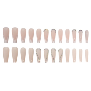 French V-tip coffin press-on nails with sparkling rhinestones and pink base
