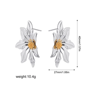 Detailed view of silver sunflower earrings with gold center and size dimensions