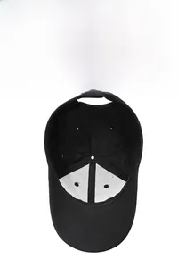 Internal view of black baseball cap showing six-panel stitching and breathable air holes