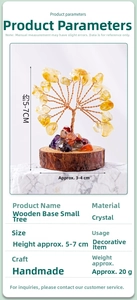 Detailed close-up of handmade yellow crystal money tree on natural wooden base