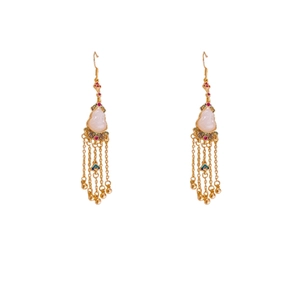 Gold plated tassel earrings with jade stones and colorful accents on white background