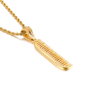 Hip hop style gold tone titanium steel comb pendant necklace for men with rope chain