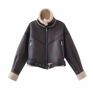 Women's dark brown faux leather motorcycle jacket with cream faux shearling lining and belt