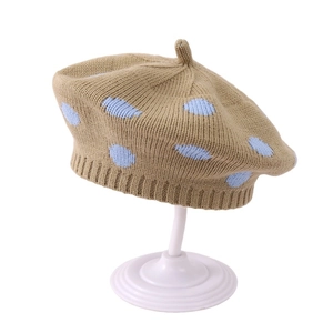 Autumn kids knit beret with polka dots in khaki and light blue, warm pumpkin painter hat