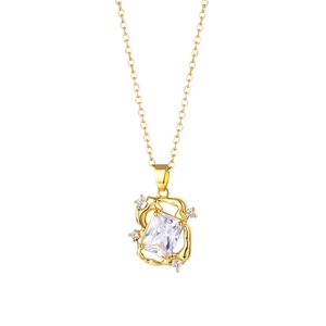 Rectangle zircon pendant necklace with gold irregular lava frame and crystal accents