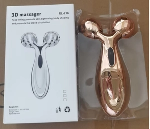 Detail view of the RL-216 rose gold 3D facial roller massager with its retail packaging box