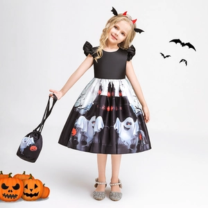 Detail view of girls' Halloween dress with ghost prints and matching drawstring bag