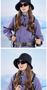 Detail of black windproof sun hat with adjustable cord and professional outdoor gear